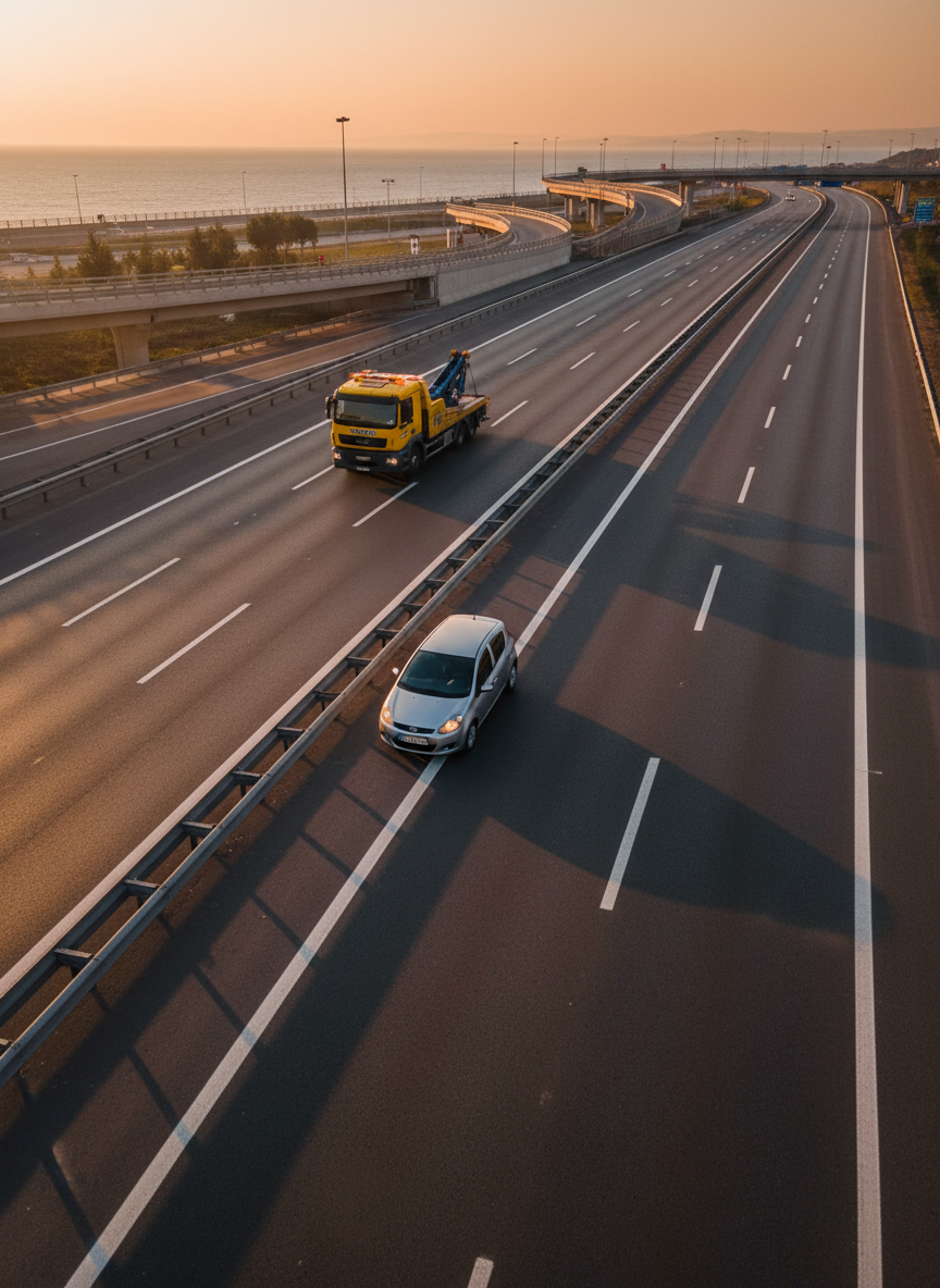 An overhead, wide-angle photographic scene of a stranded compact car stopped safely on the emergency lane of a multi-lane highway near Pendik, Istanbul, with hazard lights glowing. A branded roadside assistance tow truck approaches in the distance with amber beacons flashing. The road markings, crash barrier, and distant flyover ramps are clearly visible, while the Marmara Sea appears as a soft blue strip on the horizon. Golden hour light casts long, warm shadows across the asphalt, creating a reassuring, cinematic mood. The composition uses leading lines of the highway to draw the eye toward the approaching help, emphasizing speed, readiness, and 24/7 availability without any human figures or text.