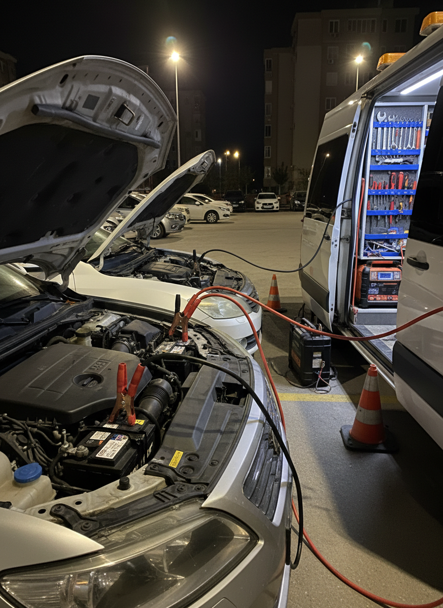A detailed, photographic close-up of a car battery boost scene at night in Pendik: two vehicles nose-to-nose in a quiet, well-lit parking area, connected by thick red and black jumper cables. The clamps bite onto clean, clearly visible battery terminals, with subtle condensation on the metal surfaces hinting at cool air. The tow service vehicle’s open equipment compartment reveals neatly organized tools, reflective safety cones, and a portable jump starter pack. Overhead LED parking lights create bright, neutral illumination with crisp reflections on the car paint and gentle shadows under the hoods. Shot from a slightly elevated angle with shallow depth of field, the composition focuses on the battery and cables, projecting precision, safety, and professional care.