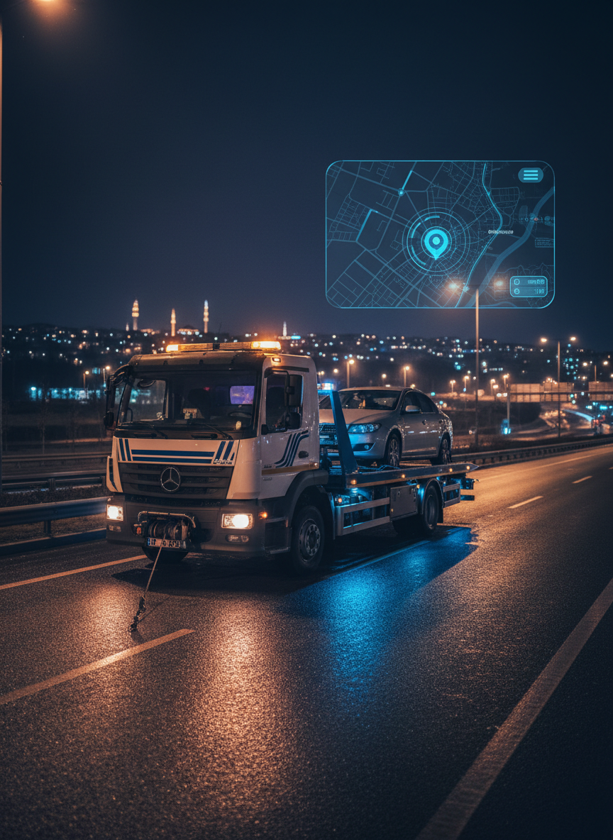 A modern flatbed tow truck with a clean white and dark-blue livery, parked on the shoulder of a wide Istanbul Pendik roadway at night, securing a mid-sized silver car. The asphalt gleams slightly from recent rain, reflecting the truck’s amber warning lights and cool blue LED work lamps. In the background, a softly blurred cityscape and a subtle digital-style map overlay hint at a precise location pin in Pendik, without text. Photographic realism, eye-level composition with the truck on the rule of thirds, sharp focus on the towing equipment, cables, and hydraulic bed. The mood is professional, reliable, and urgent yet controlled, illuminated by a mix of streetlights and vehicle lights that cast confident, directional shadows.