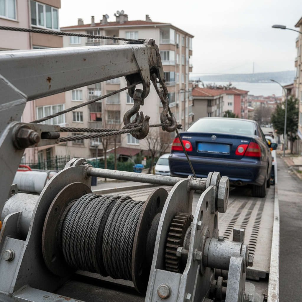 A close-up, photographic view of a heavy-duty tow truck’s hydraulic winch system in action, pulling a dark-colored sedan safely onto the flatbed on a Pendik side street. The steel cable, hooks, and metal textures are crisp and detailed, with subtle grease and wear marks that imply reliability and experience. Early morning overcast light creates soft, diffused illumination with minimal harsh shadows. In the background, out-of-focus apartment blocks and a faint coastline silhouette subtly evoke Istanbul without showing people. Shot from a low, three-quarter angle, emphasizing the power and engineering of the equipment. The composition highlights the connection between car and truck, conveying technical competence, safety, and calm, professional service.